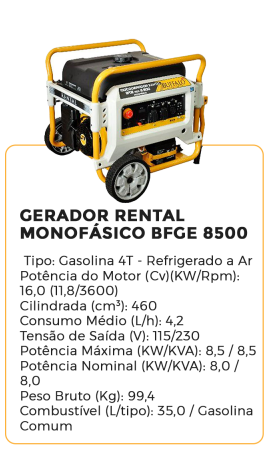 gerador rental monofásico bfge 8500 - alugar na blomaq manaus